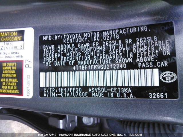 4T1BF1FK9GU212240 - 2016 TOYOTA CAMRY LE/XLE/SE/XSE GRAY photo 9