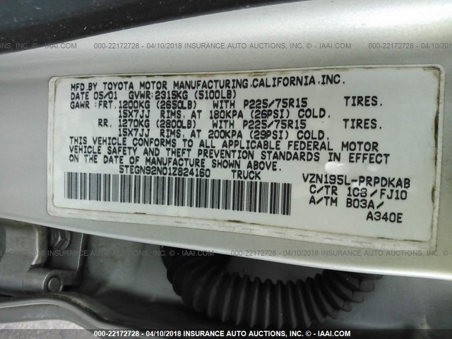 5TENM92N81Z824160 - 2001 TOYOTA TACOMA PRERUNNER 灰色 照片 9