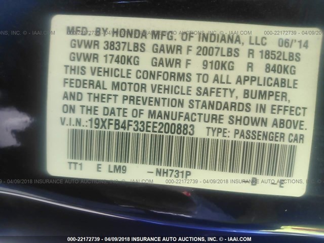 19XFB4F33EE200883 - 2014 HONDA CIVIC HYBRID L BLACK photo 9