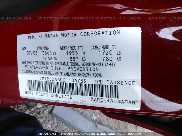 JM1BJ246031106785 - 2003 MAZDA PROTEGE PR5 红色 照片 9