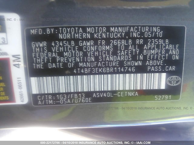 4T4BF3EK6BR114746 - 2011 TOYOTA CAMRY SE/LE/XLE GRAY photo 9