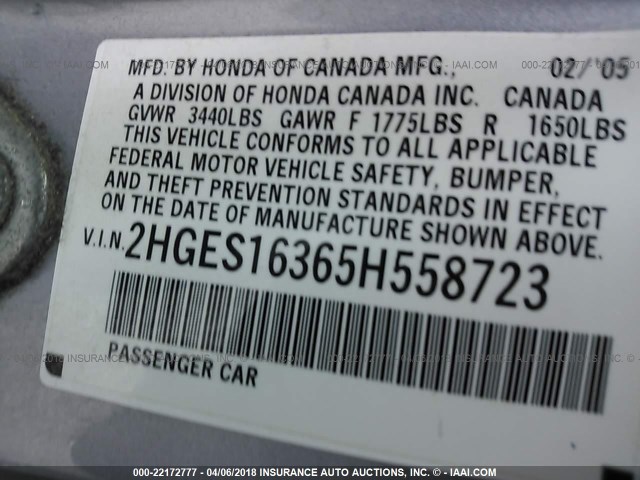 2HGES16365H558723 - 2005 HONDA CIVIC DX VP 银色 照片 9
