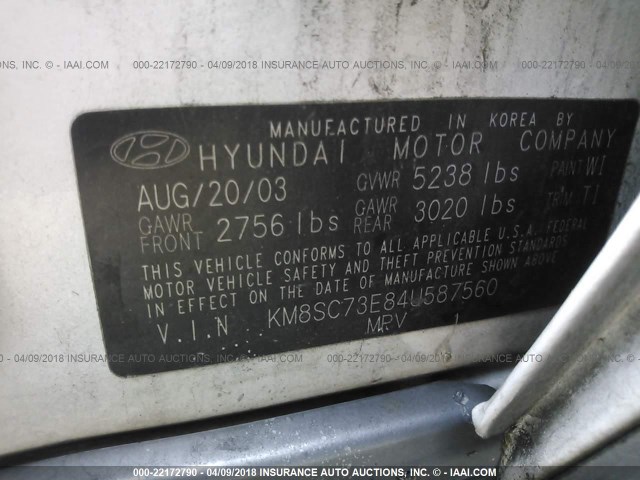 KM8SC73E84U587560 - 2004 HYUNDAI SANTA FE GLS/LX WHITE photo 9