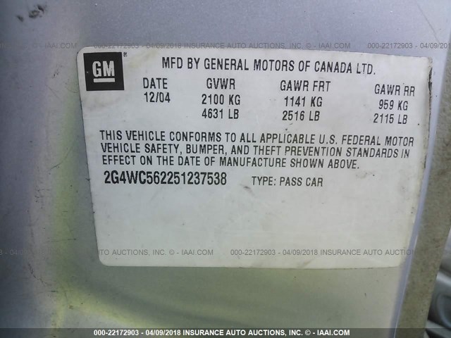 2G4WC562251237538 - 2005 BUICK LACROSSE CX SILVER photo 9