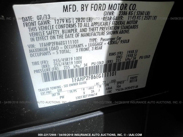 1FAHP2F86EG111101 - 2014 FORD TAURUS LIMITED BLACK photo 9