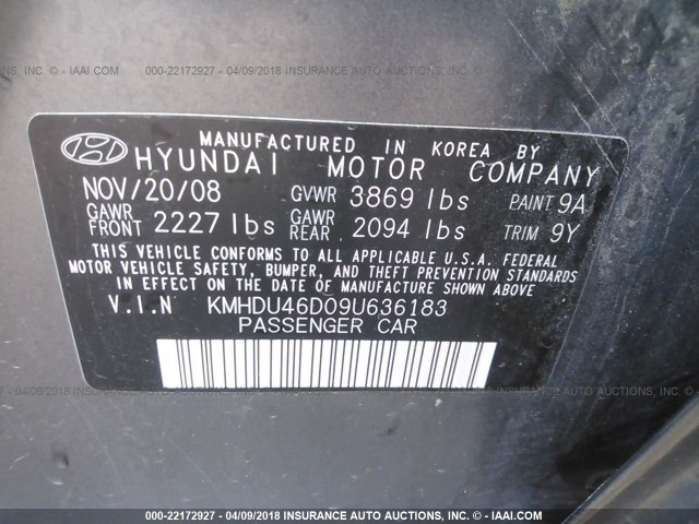 KMHDU46D09U636183 - 2009 HYUNDAI ELANTRA GLS/SE GRAY photo 9