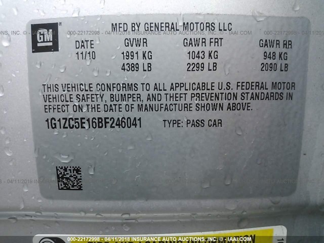 1G1ZC5E16BF246041 - 2011 CHEVROLET MALIBU 1LT SILVER photo 9