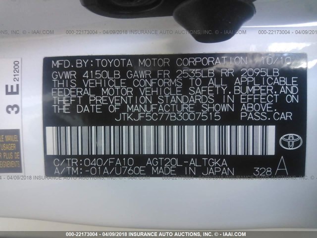 JTKJF5C77B3007515 - 2011 TOYOTA SCION TC WHITE photo 9