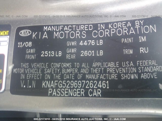 KNAFG529697262461 - 2009 KIA RONDO LX/EX GRAY photo 9