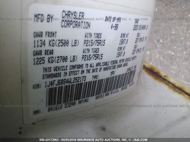 1J4FJ68S4WL252173 - 1998 JEEP CHEROKEE SPORT/CLASSIC თეთრი ფოტო 9