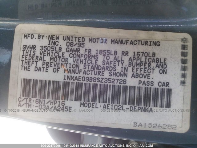 1NXAE09B8SZ352728 - 1995 TOYOTA COROLLA LE/DX მწვანე ფოტო 9