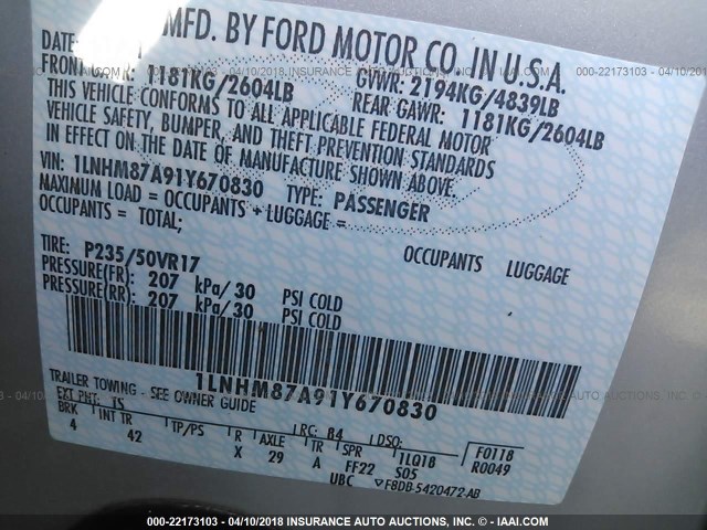 1LNHM87A91Y670830 - 2001 LINCOLN LS SILVER photo 9