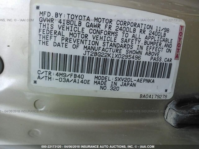 JT2BG22K1X0295496 - 1999 TOYOTA CAMRY LE/XLE GOLD photo 9