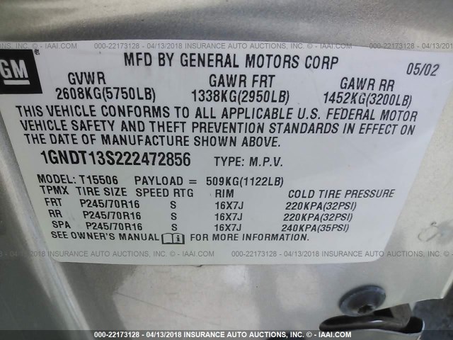 1GNDT13S222472856 - 2002 CHEVROLET TRAILBLAZER  GRAY photo 9