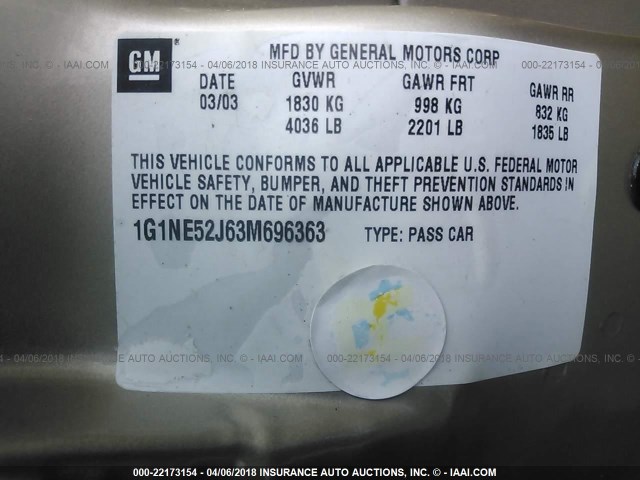 1G1NE52J63M696363 - 2003 CHEVROLET MALIBU LS ოქროსფერი ფოტო 9