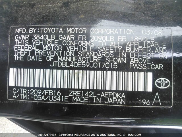 JTDBL40E59J017015 - 2009 TOYOTA COROLLA LE/XLE BLACK photo 9