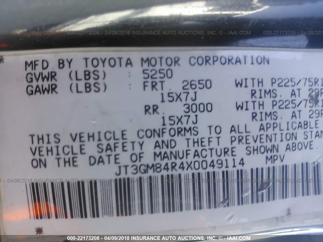 JT3GM84R4X0049114 - 1999 TOYOTA 4RUNNER 黑色 照片 9