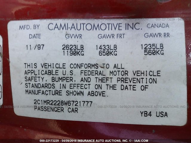 2C1MR2228W6721777 - 1998 CHEVROLET METRO LSI RED photo 9