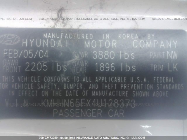 KMHHN65FX4U128373 - 2004 HYUNDAI TIBURON GT WHITE photo 9
