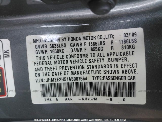 JHMZE2H51AS007564 - 2010 HONDA INSIGHT LX ნაცრისფერი ფოტო 9