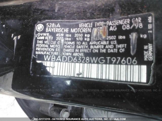 WBADD6328WGT97606 - 1998 BMW 528 I AUTOMATIC BLACK photo 9