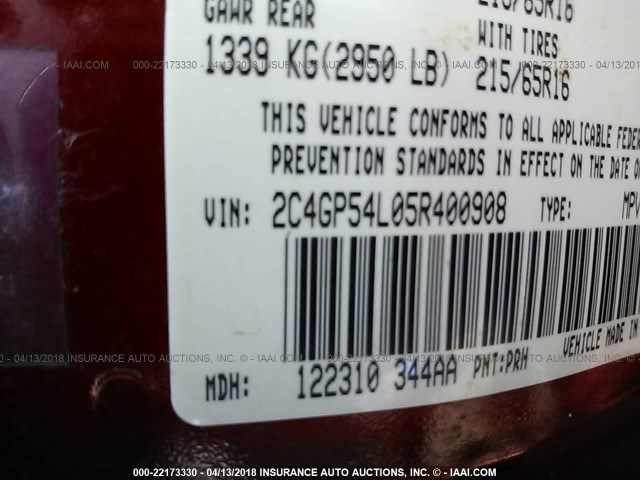 2C4GP54L05R400908 - 2005 CHRYSLER TOWN & COUNTRY TOURING RED photo 9