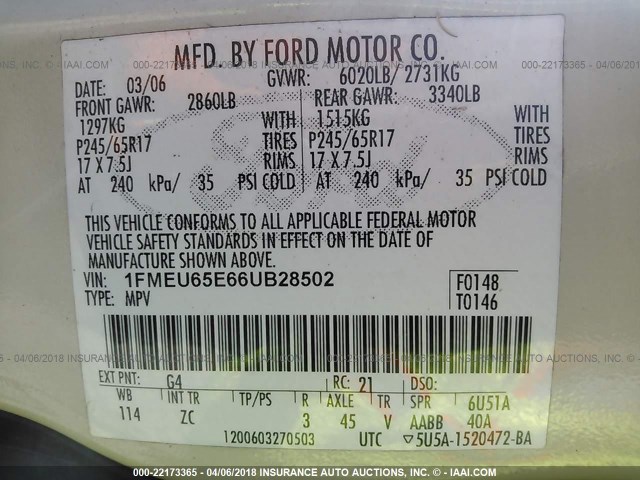 1FMEU65E66UB28502 - 2006 FORD EXPLORER LIMITED 奶油色 照片 9