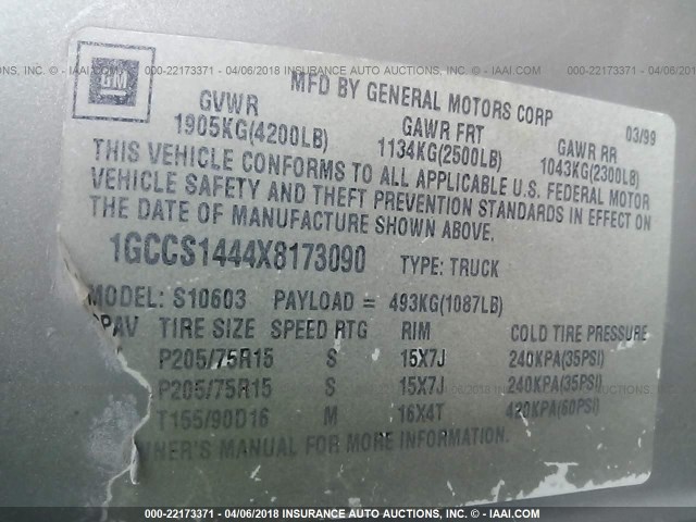 1GCCS1444X8173090 - 1999 CHEVROLET S TRUCK S10 GRAY photo 9