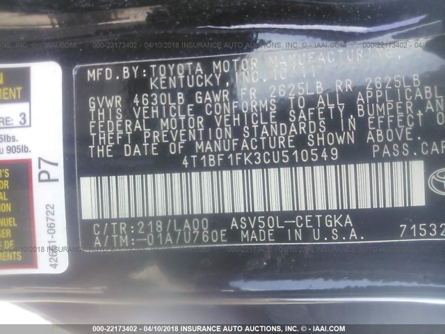 4T1BF1FK3CU510549 - 2012 TOYOTA CAMRY SE/LE/XLE Черный фото 9