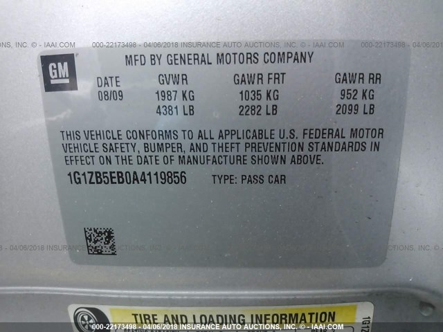 1G1ZB5EB0A4119856 - 2010 CHEVROLET MALIBU LS ვერცხლისფერი ფოტო 9