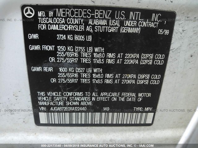 4JGAB72E0XA122440 - 1999 MERCEDES-BENZ ML 430 白色 照片 9