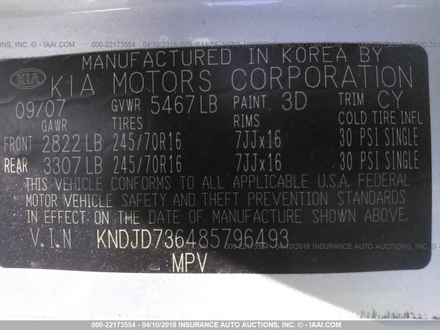 KNDJD736485796493 - 2008 KIA SORENTO EX/LX GRAY photo 9