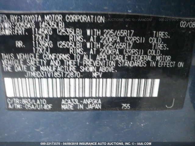 JTMBD31V185172870 - 2008 TOYOTA RAV4 LIMITED BLUE photo 9