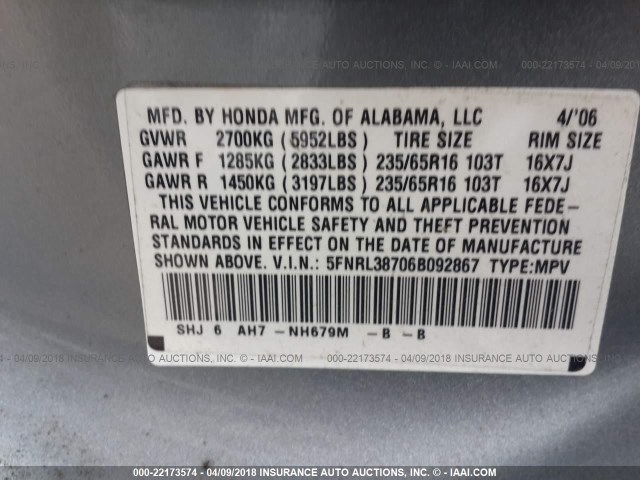 5FNRL38706B092867 - 2006 HONDA ODYSSEY EXL ნაცრისფერი ფოტო 9
