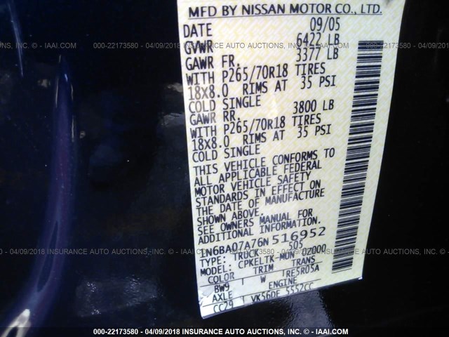 1N6BA07A76N516952 - 2006 NISSAN TITAN XE/SE/LE Dark Blue photo 9