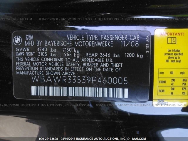 WBAWR33539P460005 - 2009 BMW 328 I SULEV BLACK photo 9