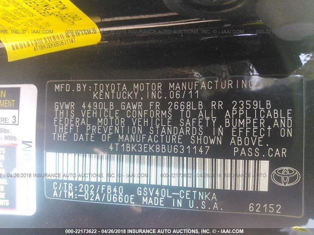 4T1BK3EK8BU631147 - 2011 TOYOTA CAMRY SE/LE/XLE Черный фото 9