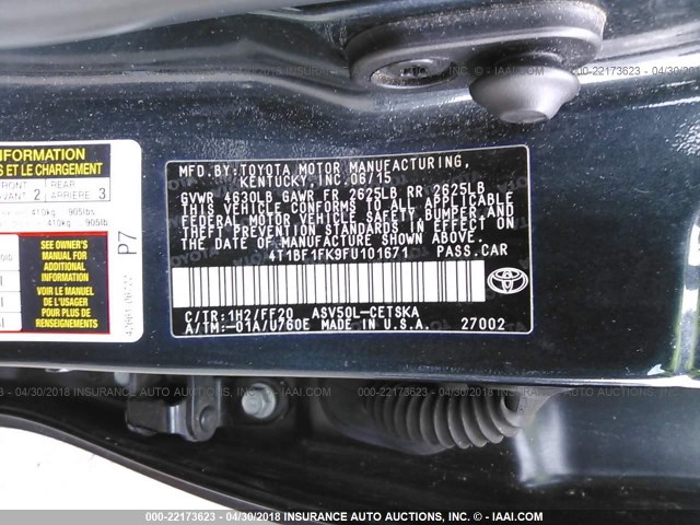 4T1BF1FK9FU101671 - 2015 TOYOTA CAMRY LE/XLE/SE/XSE BLACK photo 9