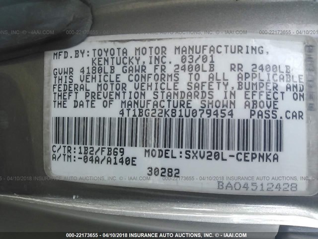 4T1BG22K81U079454 - 2001 TOYOTA CAMRY CE/LE/XLE 金色 照片 9