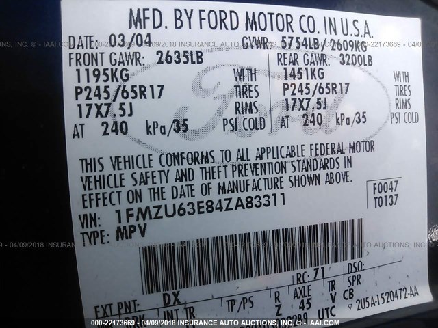 1FMZU63E84ZA83311 - 2004 FORD EXPLORER XLT/XLT SPORT/NBX BLUE photo 9