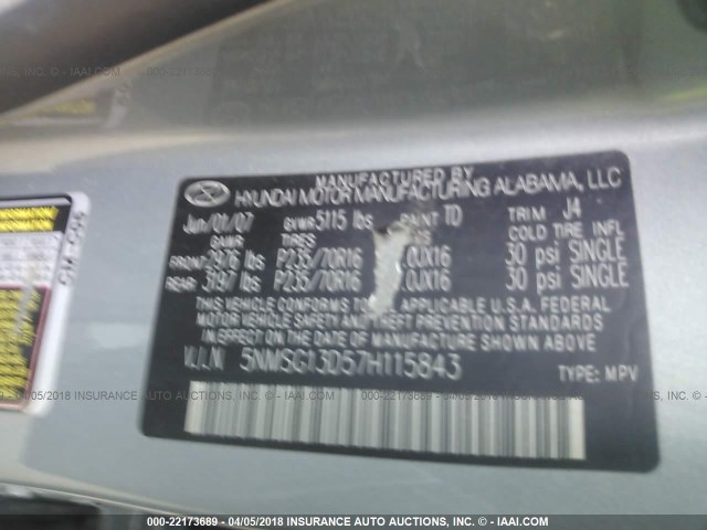 5NMSG13D57H115843 - 2007 HYUNDAI SANTA FE GLS GRAY photo 9