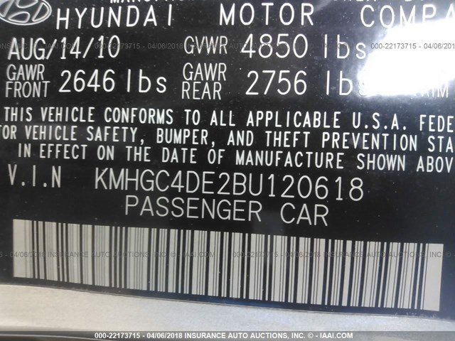 KMHGC4DE2BU120618 - 2011 HYUNDAI GENESIS 3.8L GOLD photo 9