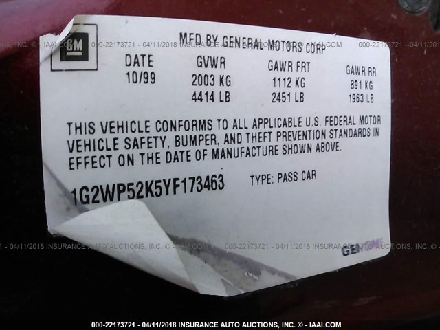 1G2WP52K5YF173463 - 2000 PONTIAC GRAND PRIX GT MAROON photo 9