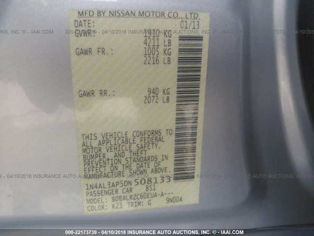 1N4AL3AP5DN508133 - 2013 NISSAN ALTIMA 2.5/S/SV/SL SILVER photo 9