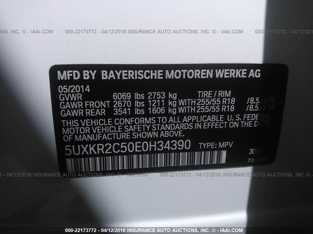 5UXKR2C50E0H34390 - 2014 BMW X5 SDRIVE35I WHITE photo 9