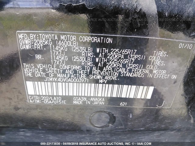 JTMYK4DV0AD003971 - 2010 TOYOTA RAV4 LIMITED Qara foto 9