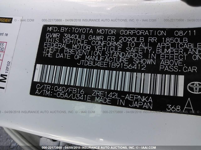 JTDBU4EE1B9156412 - 2011 TOYOTA COROLLA S/LE WHITE photo 9