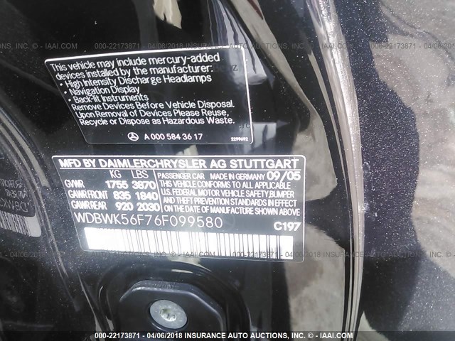 WDBWK56F76F099580 - 2006 MERCEDES-BENZ SLK 350 BLACK photo 9