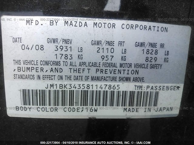 JM1BK343581147865 - 2008 MAZDA 3 HATCHBACK BLACK photo 9