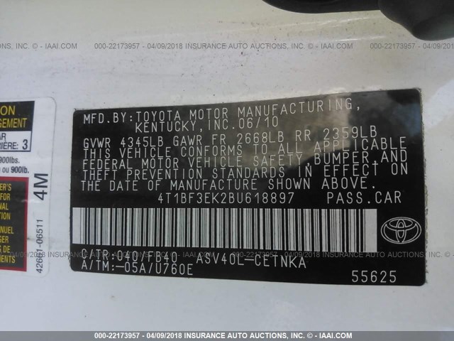 4T1BF3EK2BU618897 - 2011 TOYOTA CAMRY SE/LE/XLE WHITE photo 9